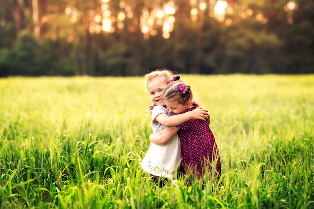 two little girls in a meadow with flowers in summer