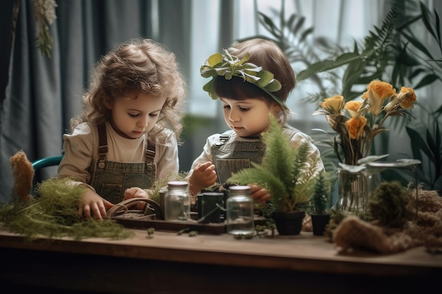 Two little girls playing with plants in a classroom