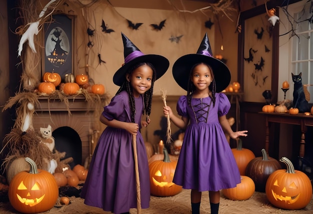 two little girls in purple costumes stand in front of a pumpkin patch