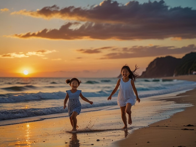 two little girls running on the beach in front of a sunset