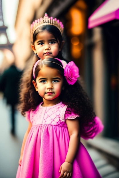 Two little girls stand together, one of which has a pink dress on.