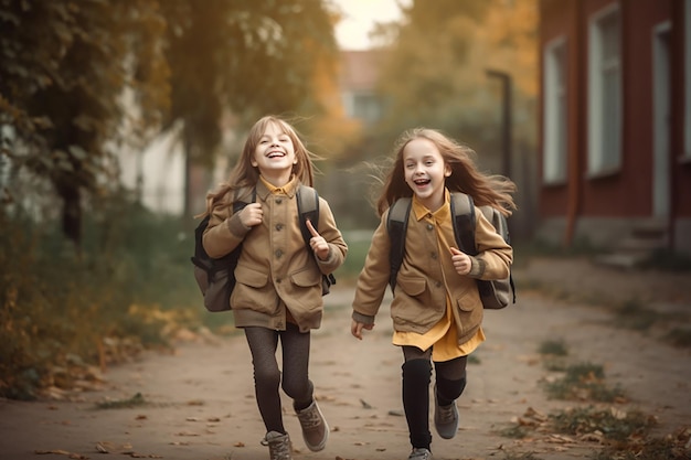 two little girls with backpacks run to school back view