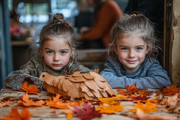 Two little girls with a leather turtle craft on a table covered with fall leave