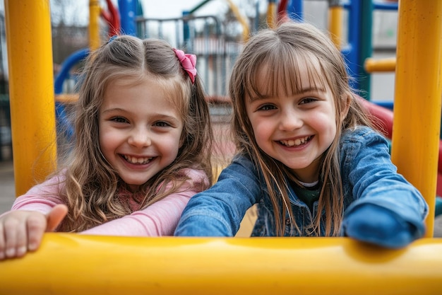 Two little girlselementary school studentsplay on the playground after school