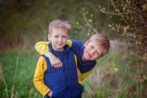 Two little sibling boys hugging and having fun outdoors n the wa