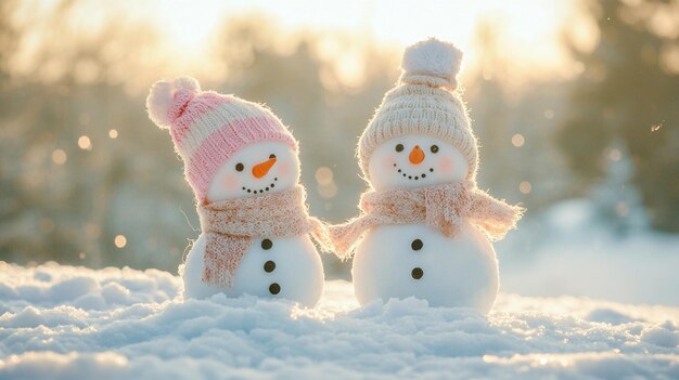 Photo two little snowmen girl and boy in knitted caps