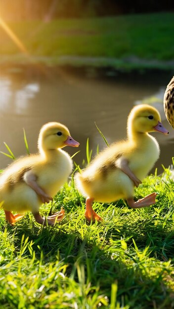 Photo two little yellow duckling on green grass