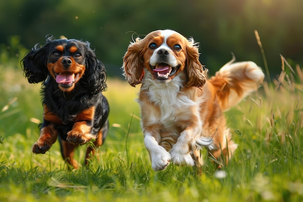 Two Lively Cavalier Spaniels Dash Across the Vibrant