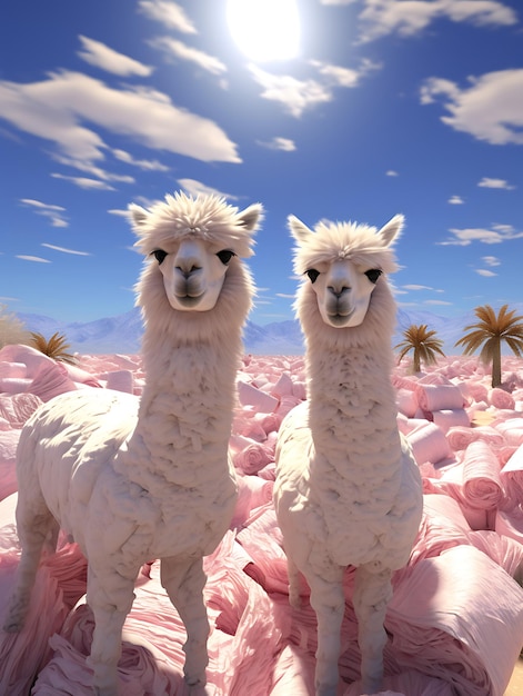 Photo two llamas standing in a field of pink plastic bags