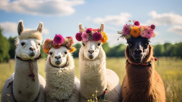 Photo two llamas with flowers on their heads llamas posing with flower crowns