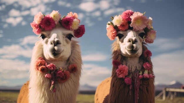 two llamas with flowers on their heads Llamas posing with flower crowns