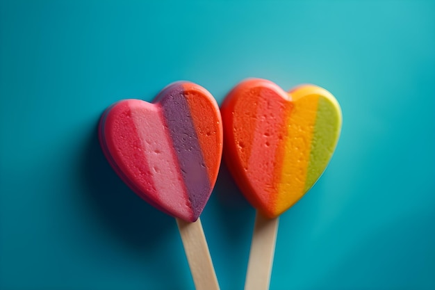 Two lollipops on a blue background one of which says rainbow lollipops