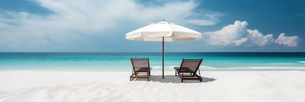 Two lounge chairs under an umbrella on a beach.