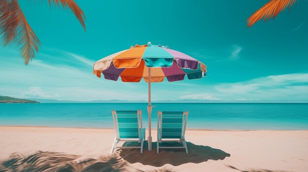 Two lounge chairs umbrella on sandy beach with calm turquoise ocean photo ai generated