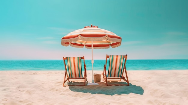 Two lounge chairs under umbrella