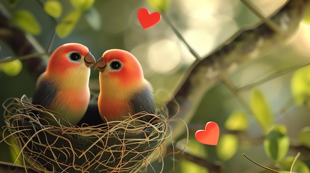 Photo two lovebirds in a nest with hearts floating around them