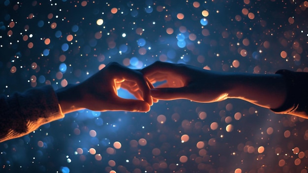 Two lovers bathed in the soft glow of starlight share a intimate moment their hands entwined as they connect on a deeper level under the night sky