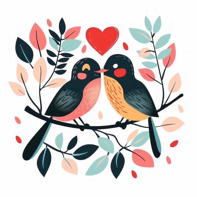 Photo two loving birds sharing a tender moment on a floral branch ideal for valentines day generative ai