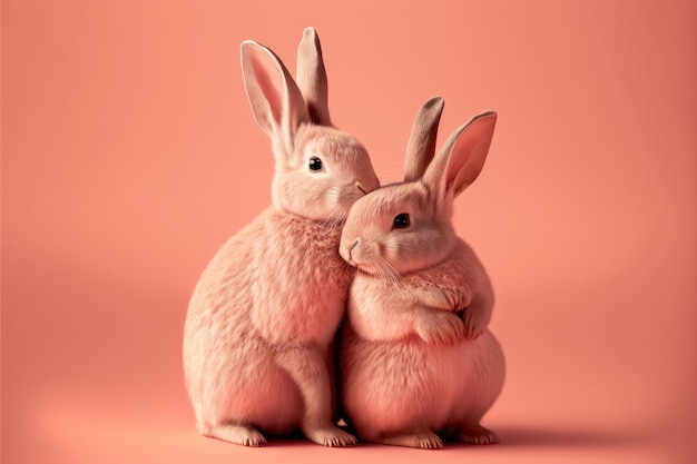 Two loving rabbits kissing Love symbol Pink background Gererative AI