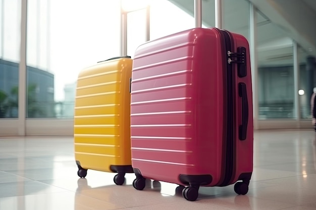 Two luggage suitcases in airport terminal Travel concept Generative AI