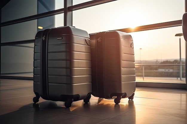 Two luggage suitcases in airport terminal Travel concept Generative AI