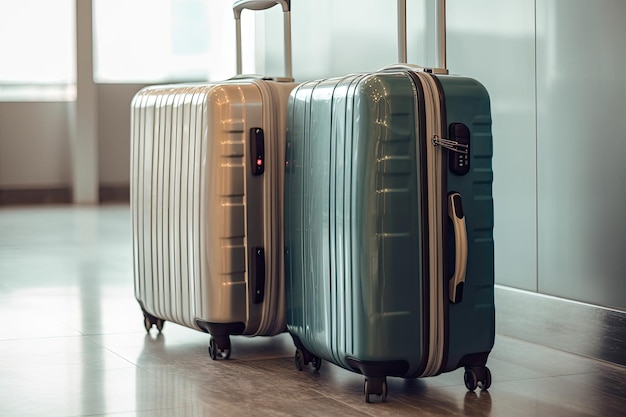 Two luggage suitcases in airport terminal Travel concept Generative AI