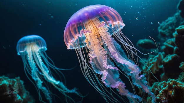 Two luminescent jellyfish underwater with vibrant coral reefs deep sea background