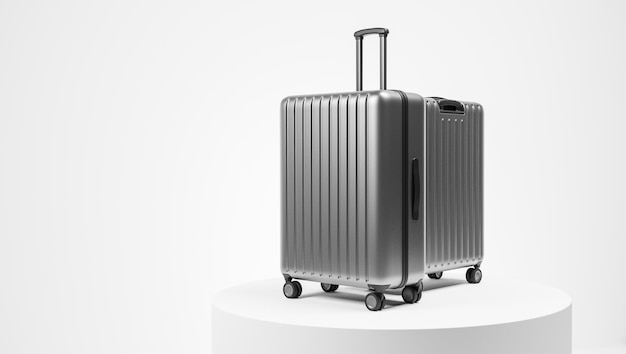 Two luxury gray aluminium suitcases on the podium over white background Travel holiday vacation