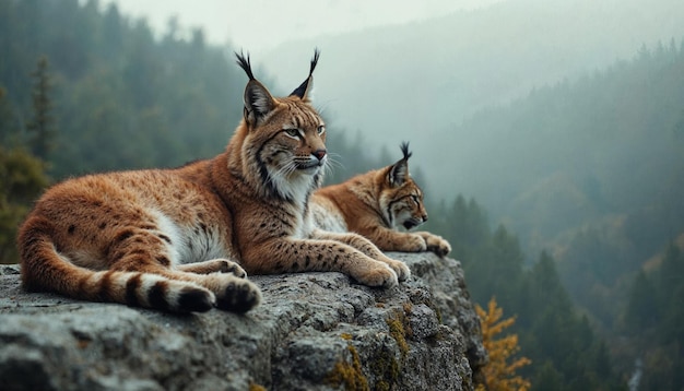 Photo two lynxes resting on a rocky ledge in a misty mountainous landscape