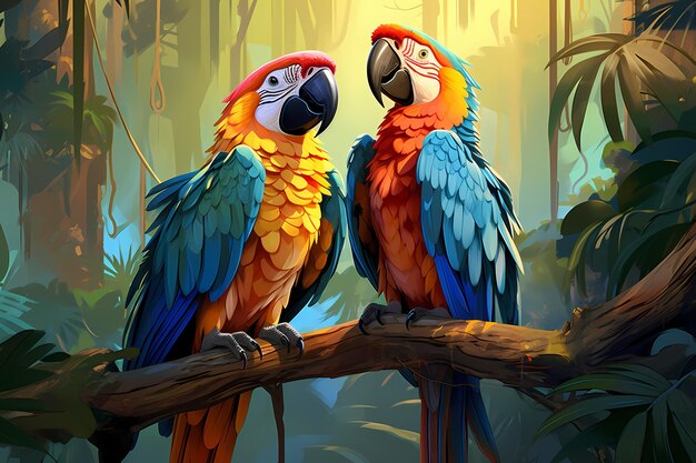 Two Macaws Perched on a Branch in a Lush Jungle