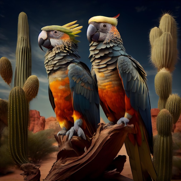 Two macaws sitting on a log in the desert with cactuses