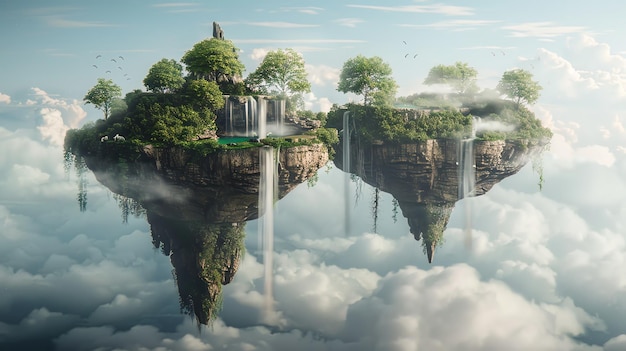 Two magical floating islands in the sky with waterfalls and lush greenery