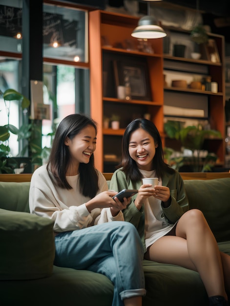 The two Malaysian girls are lounging on a cozy couch