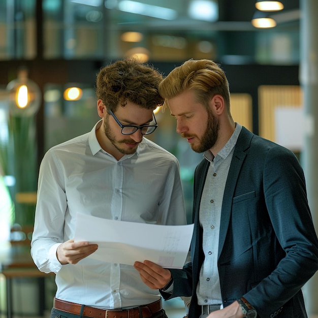 Photo two male businessman looking in a report corporate confident office working suit wearing