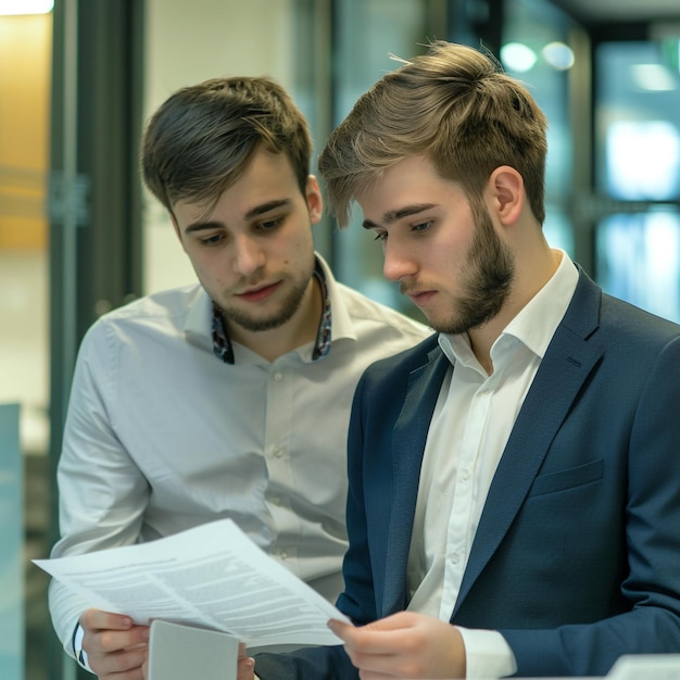 Two male businessman looking in a report corporate confident office working suit wearing