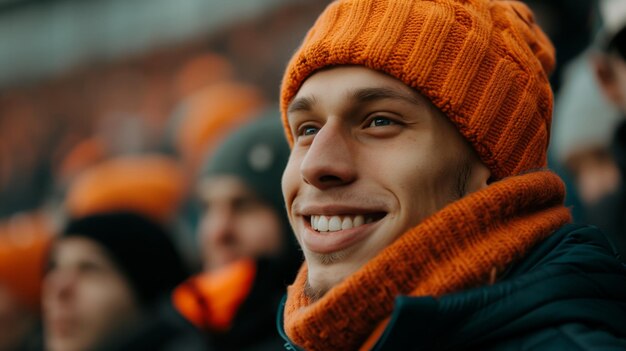 Photo two male fans wearing orange hats and scarves smile and cheer at a sporting event