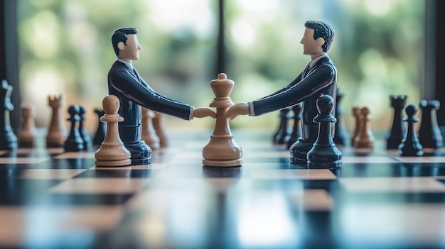 Photo two male figurines in suits shaking hands over chessboard with chess pieces