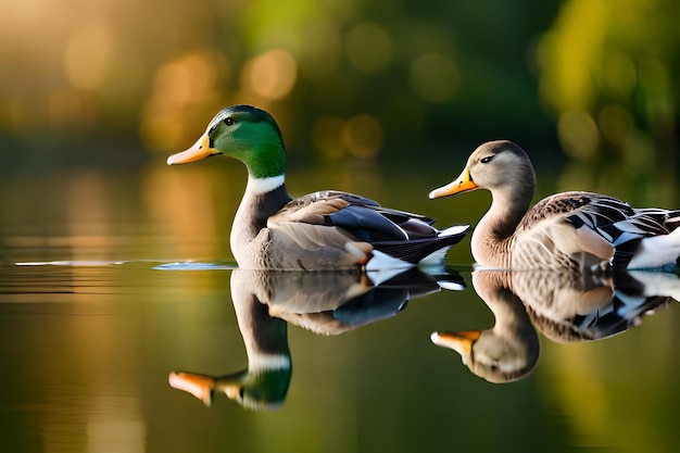 Two mallard ducks swim in a pond