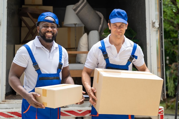 Two man movers in blue uniform carrying cardboard box unloading from moving house service truck