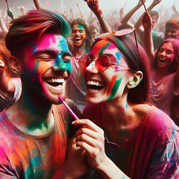 Two man and woman are painting each other for the Holi ceremony