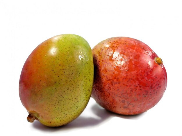 Two mango fruits close together isolated on a white background.