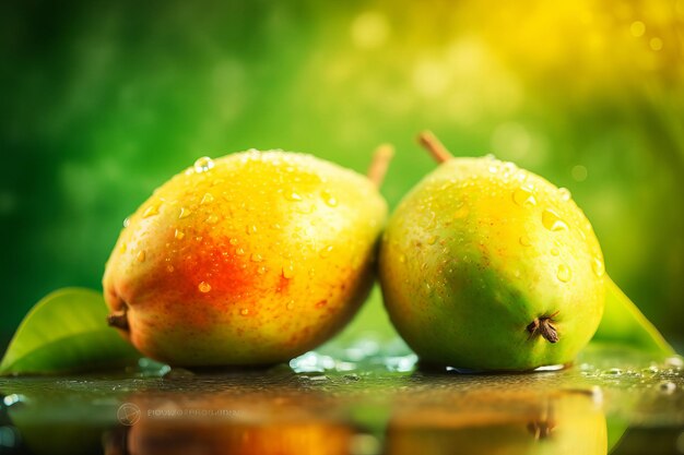 Two mangoes on a table with a green background