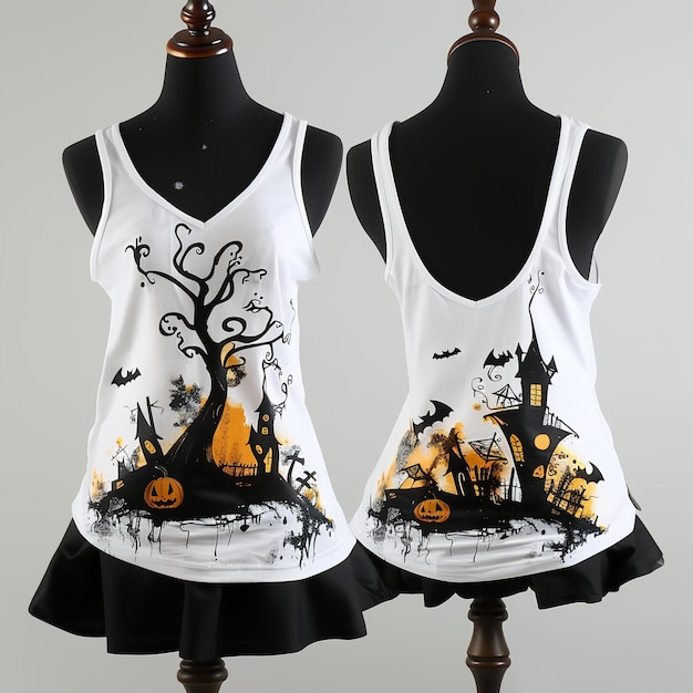 Photo two mannequins with a black and white tank top and a black and white tank top with a spooky design o