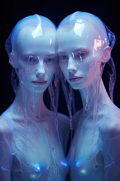 two mannequins with blue and purple body and one has a blue and purple light