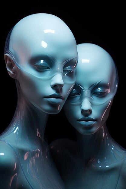 two mannequins with their heads together one has a blue light on the other