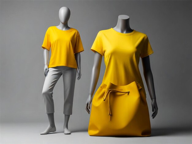 two mannequins with a yellow shirt and a skirt