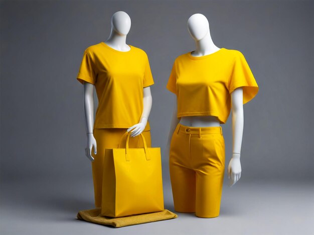 two mannequins with yellow shirts and one with a bag on it