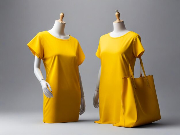 two mannequins with yellow tops and one with a black bag