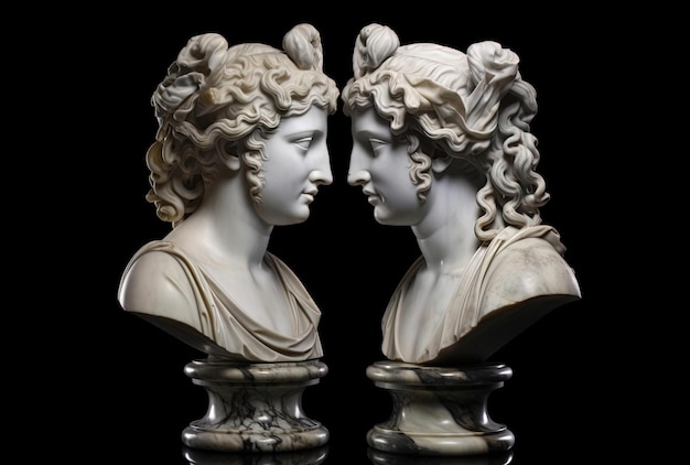 Two marble heads of young women on black background