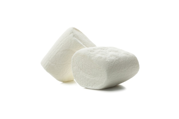 Two marshmallows isolated on white background, close up